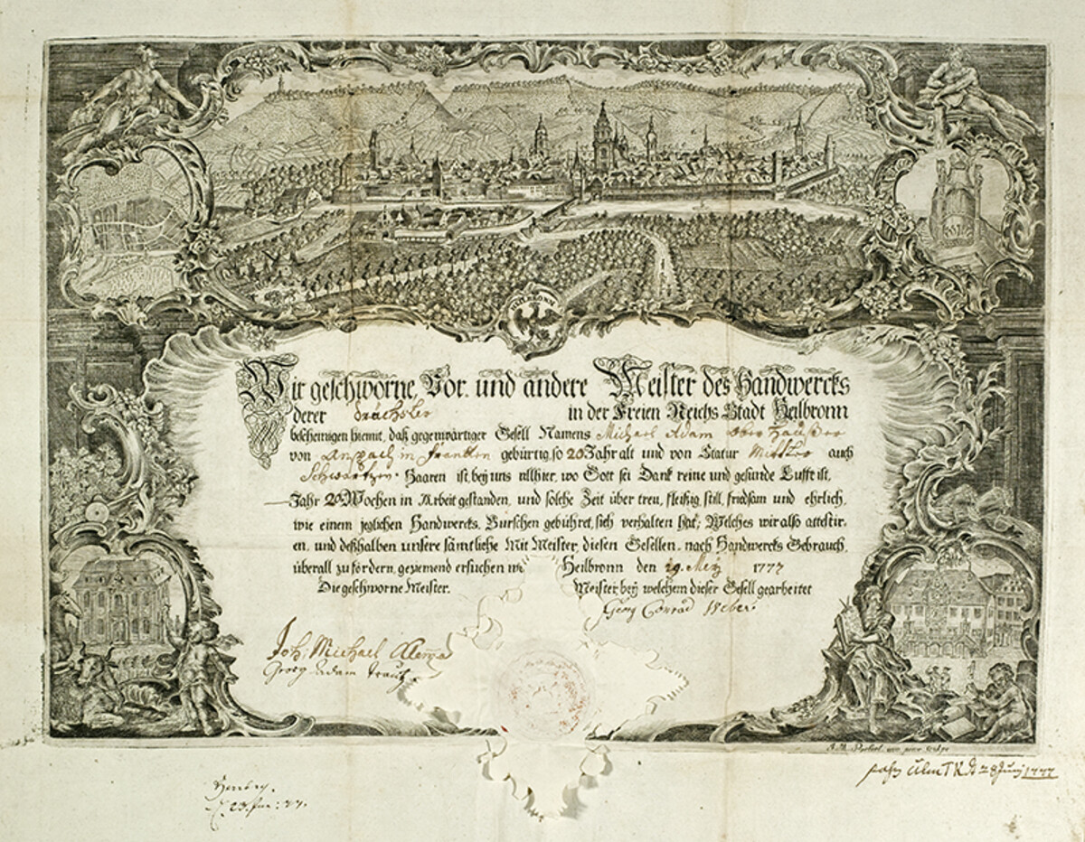 Gesellenzeugnis mit Stadtansicht; 1777 (Stadtarchiv Heilbronn E005-2819) Gesellenzeugnis mit Stadtansicht; 1777
(Stadtarchiv Heilbronn E005-2819)