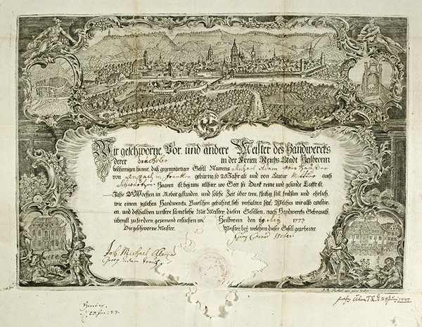 Gesellenzeugnis mit Stadtansicht; 1777
(Stadtarchiv Heilbronn E005-2819)