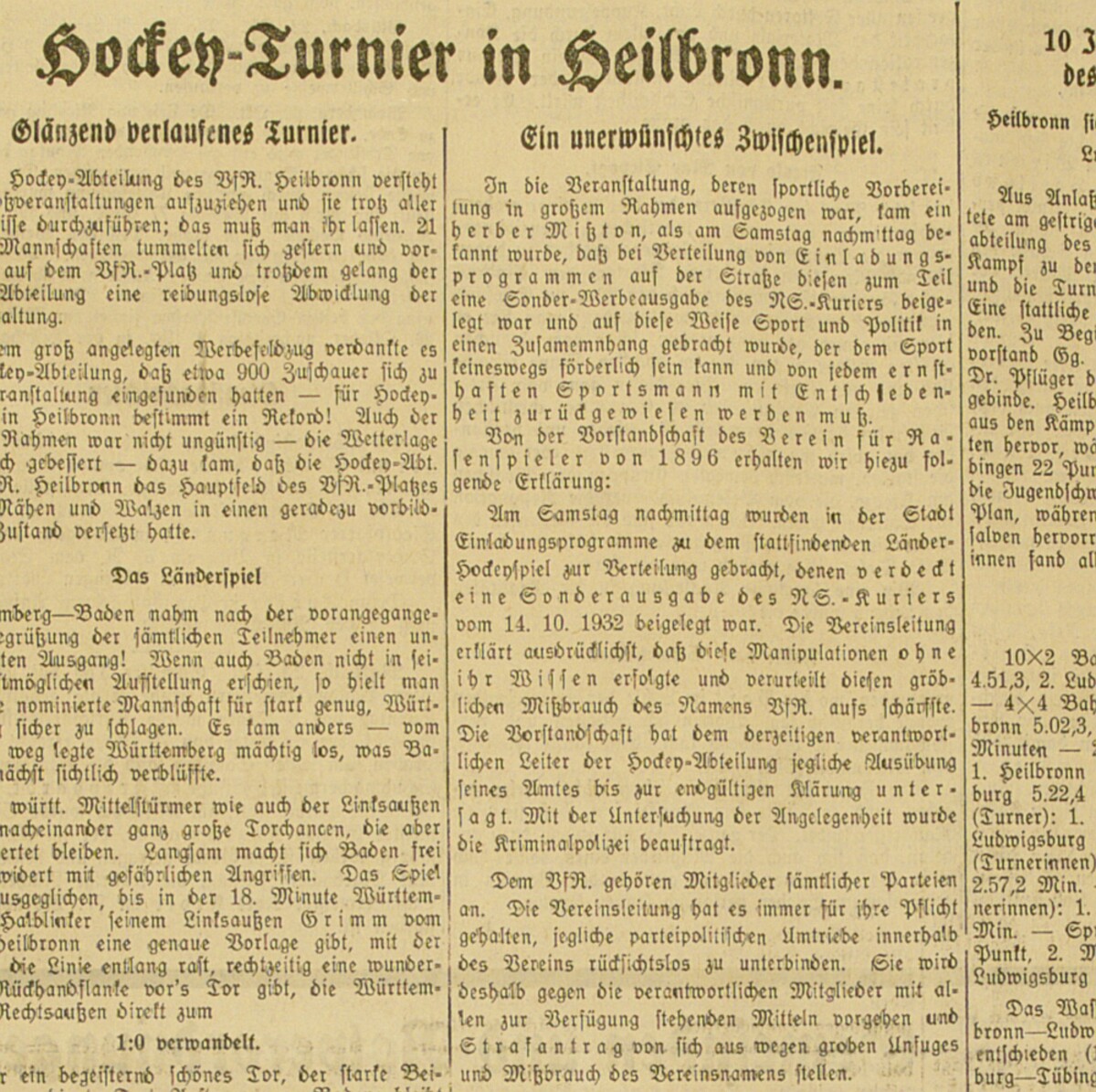 Bericht über ein Hockey-Turnier in Heilbronn in der Neckar-Zeitung Nr. 249, 24. Oktober 1932, S. 7 (Stadtarchiv Heilbronn) Bericht über ein Hockey-Turnier in Heilbronn in der Neckar-Zeitung Nr. 249, 24. Oktober 1932, S. 7(Stadtarchiv Heilbronn)