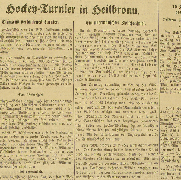 Bericht über ein Hockey-Turnier in Heilbronn; 1932
Neckar-Zeitung Nr. 249, 24. Oktober 1932, S. 7
(Stadtarchiv Heilbronn)
