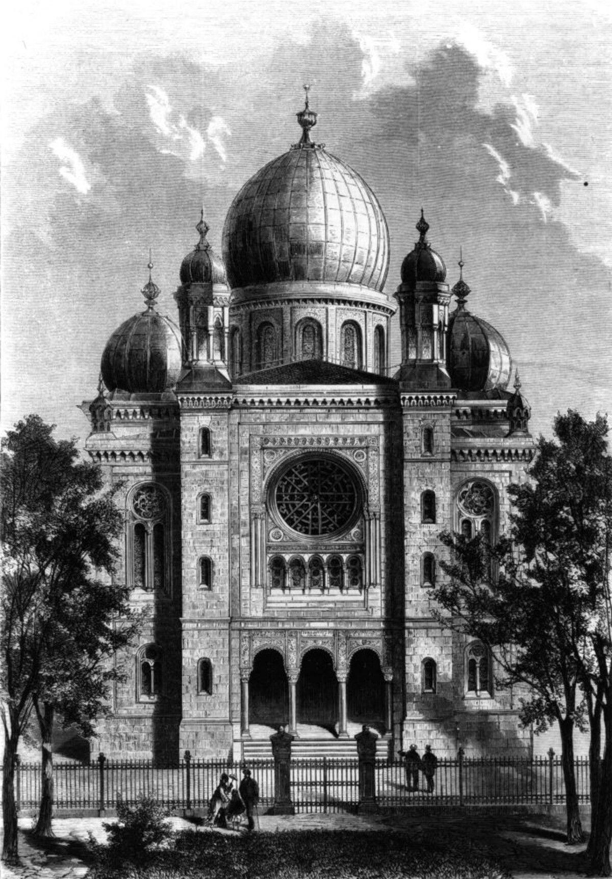 Blick von der Allee auf die Heilbronner Synagoge. Holzstich von L. Hartmann, 1877 (Foto: Stadtarchiv Heilbronn) Blick von der Allee auf die Heilbronner Synagoge. Holzstich von L. Hartmann; 1877 (Foto: Stadtarchiv Heilbronn)