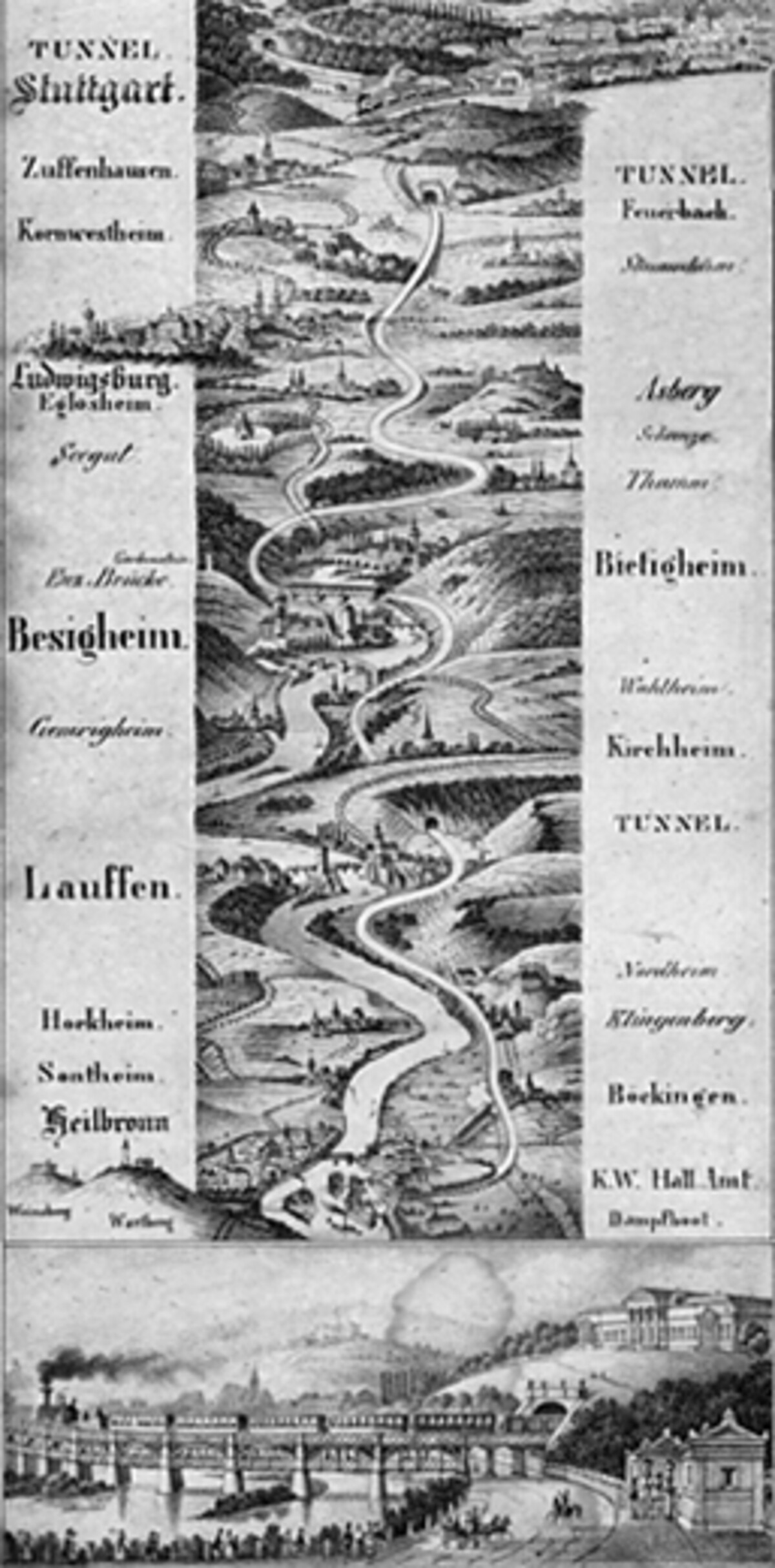 "Panorama der Eisenbahn" von Stuttgart nach Heilbronn; 1846 "Panorama der Eisenbahn" von Stuttgart nach Heilbronn; 1846
Lithographie der Gebrüder Wolff
Schon zwei Jahre vor der Eröffnung der württembergischen "Nordbahn" von Stuttgart nach Heilbronn veröffentlichten die Heilbronner Lithographen Wolff dieses Streckenpanorama.
(Stadtarchiv Heilbronn)