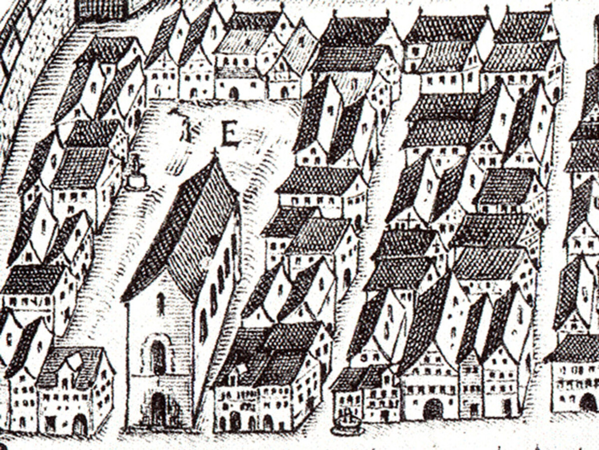 Nikolaikirche; 1658 Stadtansicht von Johann Sigmund Schlehenried (Ausschnitt) (Stadtarchiv Heilbronn) Nikolaikirche; 1658
Stadtansicht von Johann Sigmund Schlehenried (Ausschnitt)
(Stadtarchiv Heilbronn)