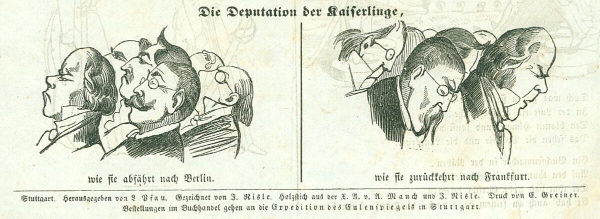 Die Deputation der Kaiserlinge (Eulenspiegel Nr. 17, 21. April 1849, S. 68) Die Deputation der Kaiserlinge (Eulenspiegel Nr. 17, 21. April 1849, S. 68)