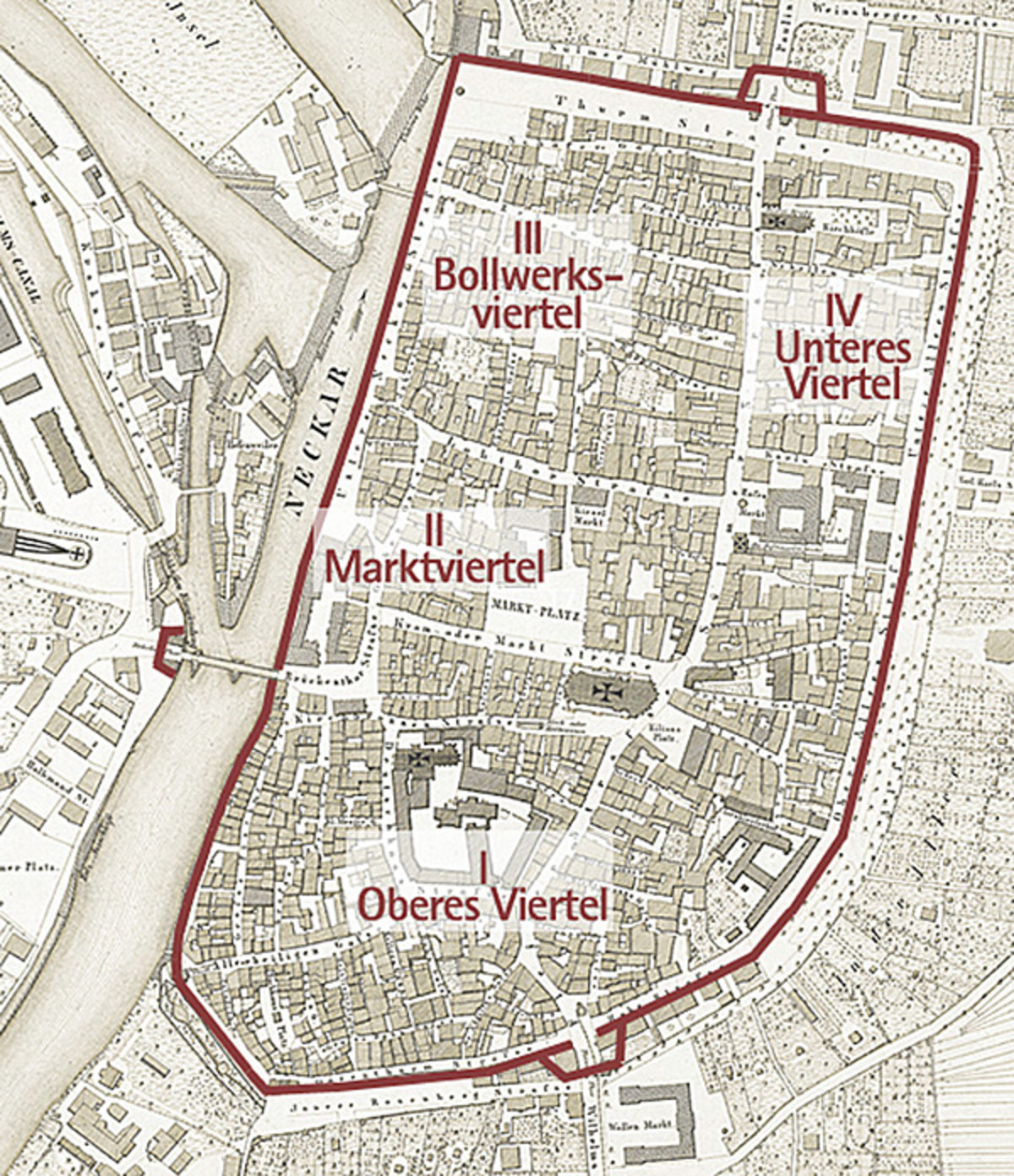 Die alten Viertel der Stadt Heilbronn. (Stadtarchiv Heilbronn) Die alten Viertel der Stadt Heilbronn.
(Stadtarchiv Heilbronn)
