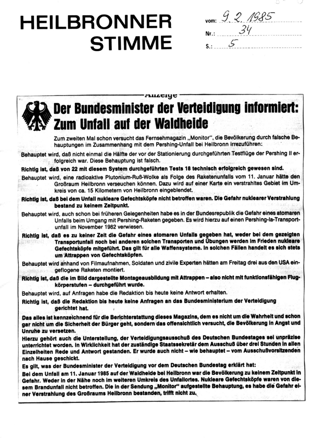 Anzeige des Bundesministers der Verteidung in der Heilbronner Stimme vom 9. Februar 1985 (stimme.de) Anzeige des Bundesministers der Verteidung in der Heilbronner Stimme vom 9. Februar 1985 (stimme.de)