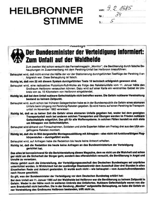 Anzeige des Bundesministers der Verteidung in der Heilbronner Stimme vom 9. Februar 1985 (stimme.de)