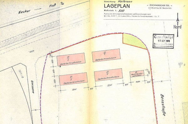 Lageplan: 1970 plant die Firma Fiat 4 Baracken in der Benzstraße (Stadtarchiv Heilbronn A034-239)