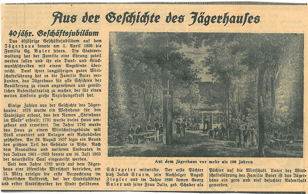 Aus der Geschichte des Jägerhauses - Ausschnitt aus dem Heilbronner Tagblatt vom April 1936 (Stadtarchiv Heilbronn, ZS-989)