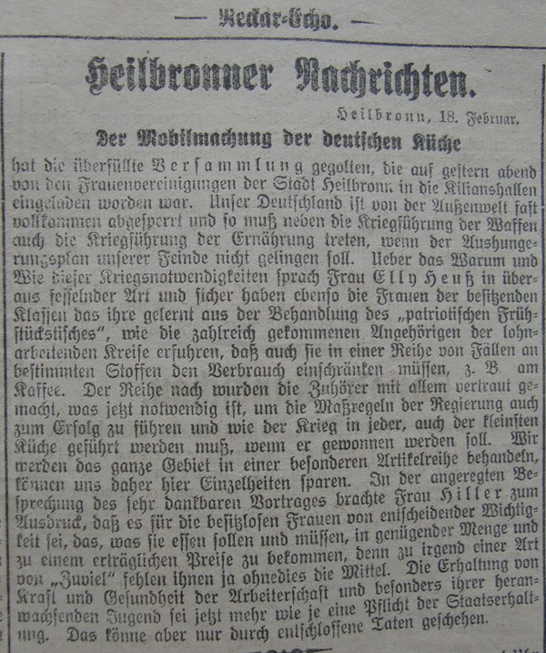 Bericht über die Versammlung mit Elly Heuss-Knapp, Neckar-Echo vom 18. Februar 1915 (Stadtarchiv Heilbronn L008-50)