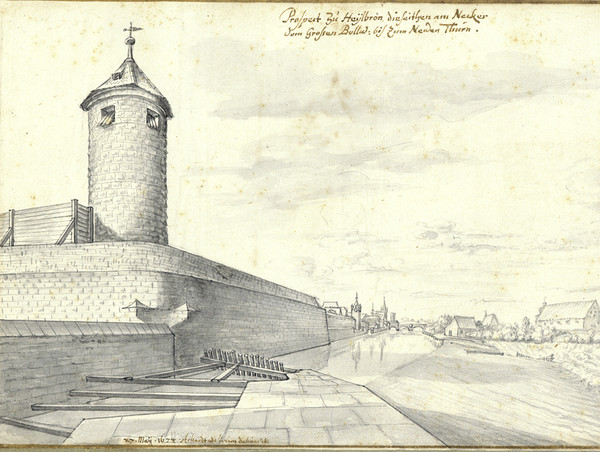 Der Bollwerksturm auf einer Zeichnung des Festungsbaumeisters Johann Jacob Arhardt ("Prospect zu Heylbron die Seithen am Necker vom Großen Bollw. bis zum Newen Thurn"); 1674
(Stadtarchiv Heilbronn E005-2140)