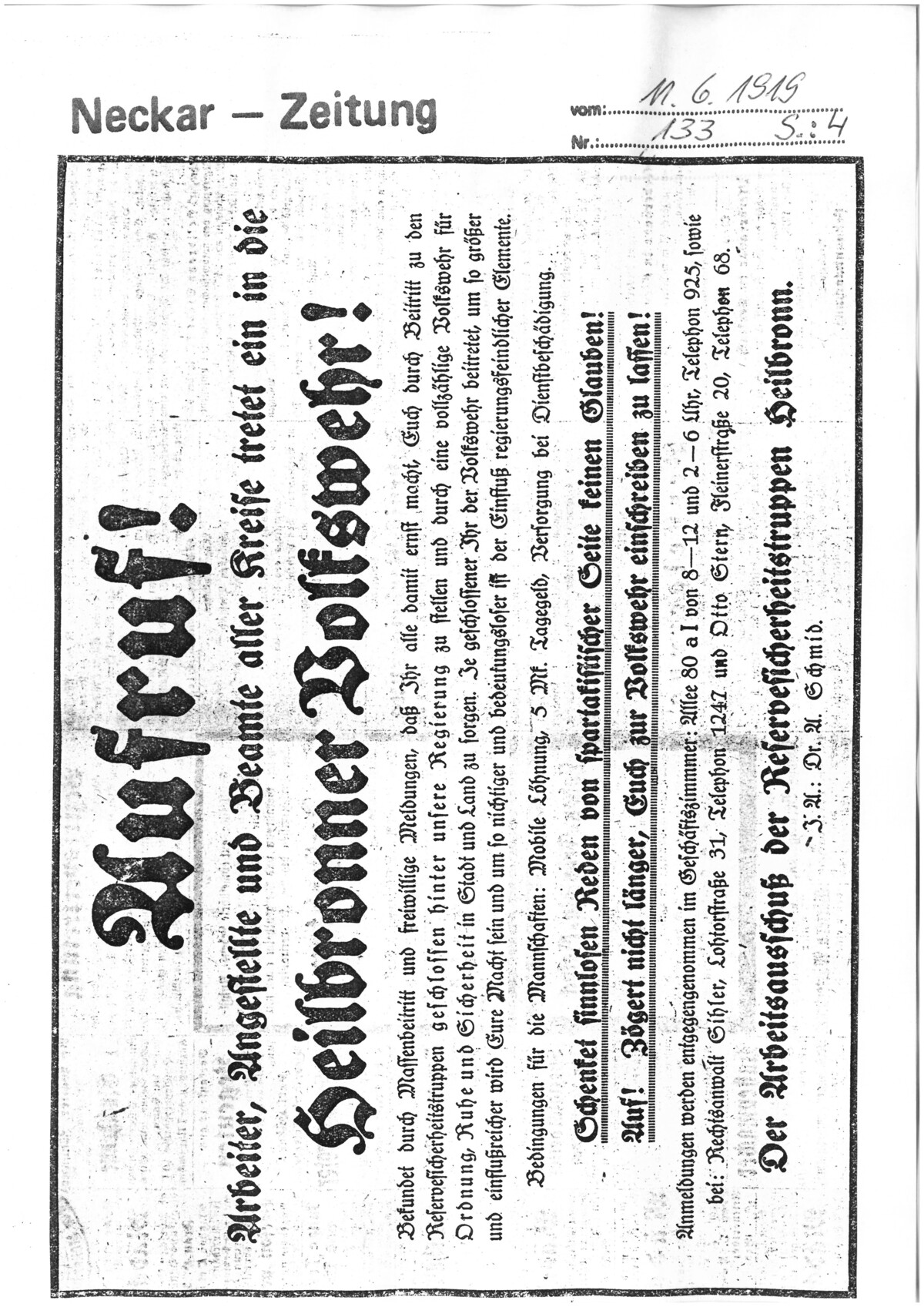 Aufruf zum Eintritt in die Heilbronner Volkswehr zur Unterstützung der Regierung (Stadtarchiv Heilbronn ZS-1440) Aufruf zum Eintritt in die Heilbronner Volkswehr zur Unterstützung der Regierung
(Stadtarchiv Heilbronn ZS-1440)