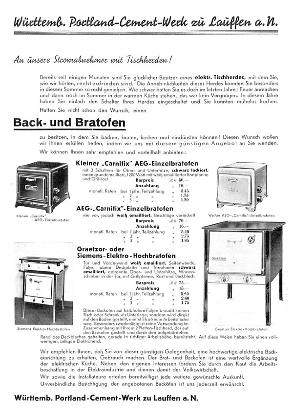 Werbeblatt mit verschiedenen Herdmodellen und Angabe der Strompreise (Archiv ZEAG)