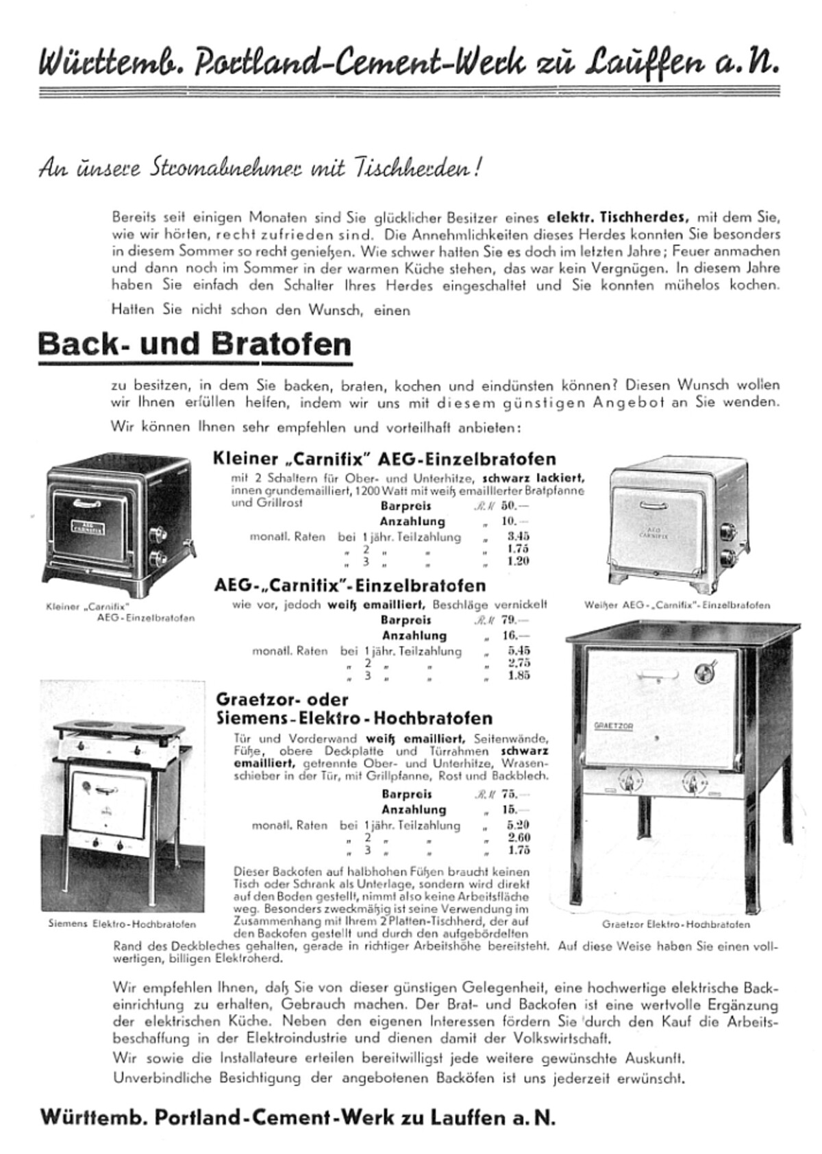Werbeblatt mit verschiedenen Herdmodellen und Angabe der Strompreise (Archiv ZEAG) Werbeblatt mit verschiedenen Herdmodellen und Angabe der Strompreise (Archiv ZEAG)