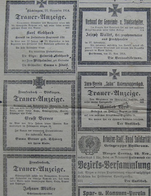 Traueranzeigen im Neckar-Echo, 7. Jahrgang, Nr. 272, Samstag 21. November 1914 (Stadtarchiv Heilbronn L008-50)