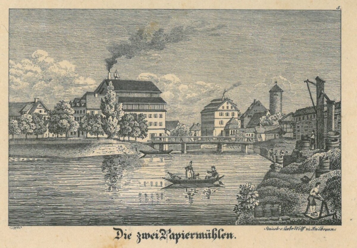 Die beiden Heilbronner Papiermühlen von Rauch (links ) und Schaeuffelen (rechts) zu Beginn der Industrialisierung, um 1830 (Stadtarchiv Heilbronn E005-2953) Die beiden Heilbronner Papiermühlen von Rauch (links ) und Schaeuffelen (rechts) zu Beginn der Industrialisierung, um 1830 (Stadtarchiv Heilbronn E005-2953)