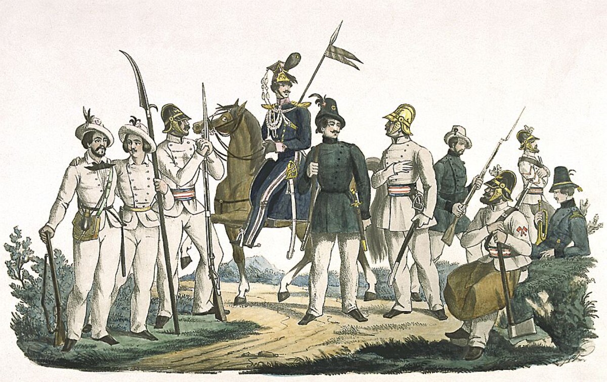 Heilbronner Bürgerwehr mit Vertretern der einzelnen Gliederungen, von links nach rechts: Turnerschütze, Turnersensenträger, Pompierwehrmann, Adjutant der reitenden Bürgerwehr, Oberjäger der Scharfschützenwehr, Feuerwehroffizier, Scharfschütze, Pomp Heilbronner Bürgerwehr mit Vertretern der einzelnen Gliederungen, von links nach rechts: Turnerschütze, Turnersensenträger, Pompierwehrmann, Adjutant der reitenden Bürgerwehr, Oberjäger der Scharfschützenwehr, Feuerwehroffizier, Scharfschütze, Pompier-Sappeur, Trommler der Feuerwehr, Scharfschützenhornist (Stadtarchiv Heilbronn E005-2867)