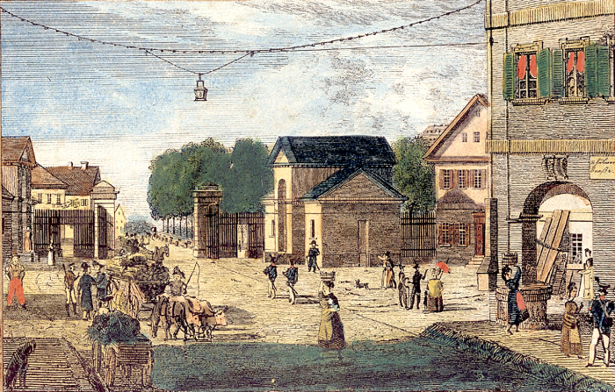 „Neckarsulmer Thor“; 1830. Lithographie der Gebrüder Wolff (Stadtarchiv Heilbronn)