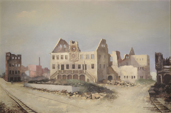 Karl Kaempf: Das zerstörte Rathaus am 3. September 1946 (Original: Städtische Museen Heilbronn B-469)
