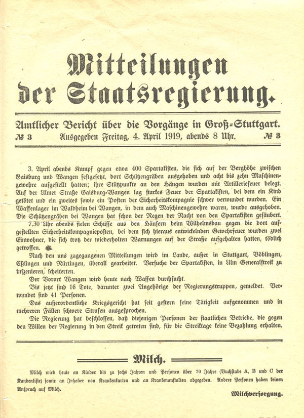 Mitteilung der Staatsregierung über die Spartakusunruhen in Stuttgart (Stadtarchiv Heilbronn E002-306)