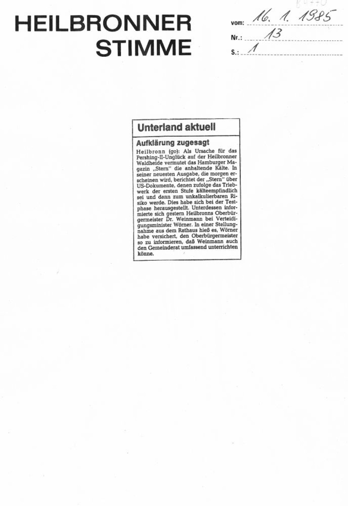 Aufklärung zugesagt. Heilbronner Stimme vom 16. Januar 1985, S. 1 (stimme.de)