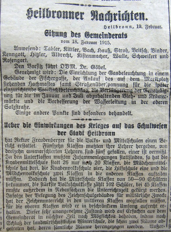 Neckar-Echo vom 19. Februar 1915: Über die Einwirkungen des Krieges auf des Schulwesen der Stadt Heilbronn (Stadtarchiv Heilbronn L008-50)