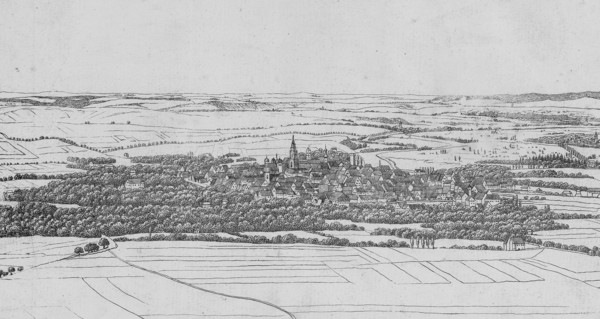 Blick vom Wartberg auf die Stadt Heilbronn vor der Industrialisierung. Ausschnitt aus Louis Mayer (Künstler), E. Emminger (Lithographie) Panorama vom Wartberg, 1825 (Stadtarchiv Heilbronn E005-782-0).
