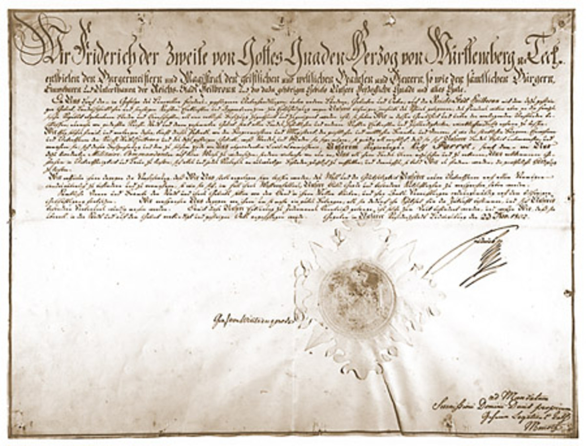 Patent über die Zivilbesitzergreifung Heilbronns durch Württemberg; 23.11.1802 (Stadtarchiv Heilbronn) Patent über die Zivilbesitzergreifung Heilbronns durch Württemberg; 23.11.1802
(Stadtarchiv Heilbronn)