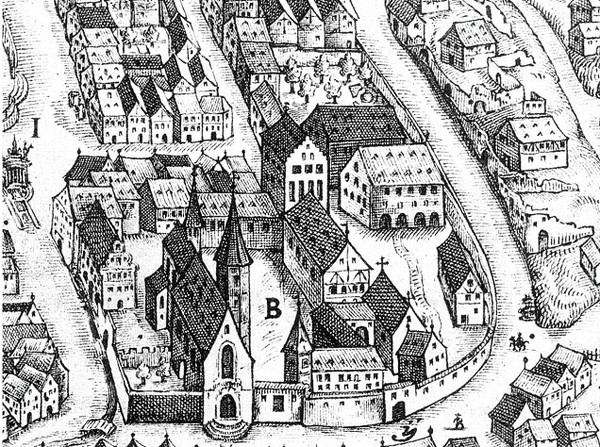 Der Hof des Deutschen Ritterordens; 1658
Stadtansicht von Johann Sigmund Schlehenried (Ausschnitt)
(Stadtarchiv Heilbronn)