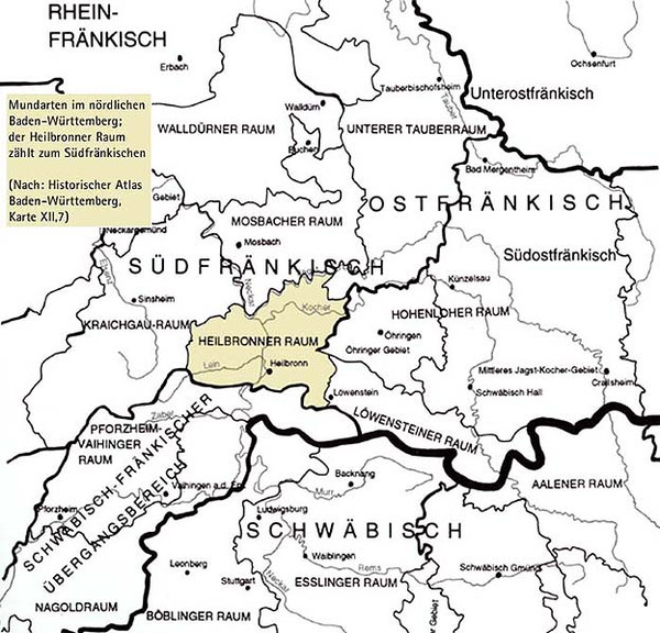 Der Heilbronner Raum als Teil der fränkischen Mundart; um 1950
(nach Historischer Atlas von Baden-Württemberg, Karte XII,7)