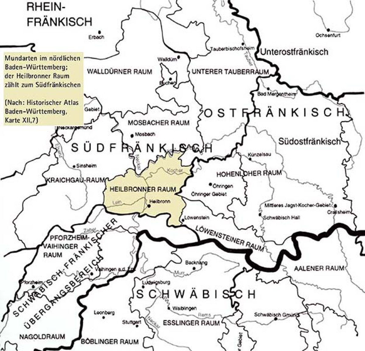 Der Heilbronner Raum als Teil der fränkischen Mundart; um 1950 (nach Historischer Atlas von Baden-Württemberg, Karte XII,7) Der Heilbronner Raum als Teil der fränkischen Mundart; um 1950
(nach Historischer Atlas von Baden-Württemberg, Karte XII,7)