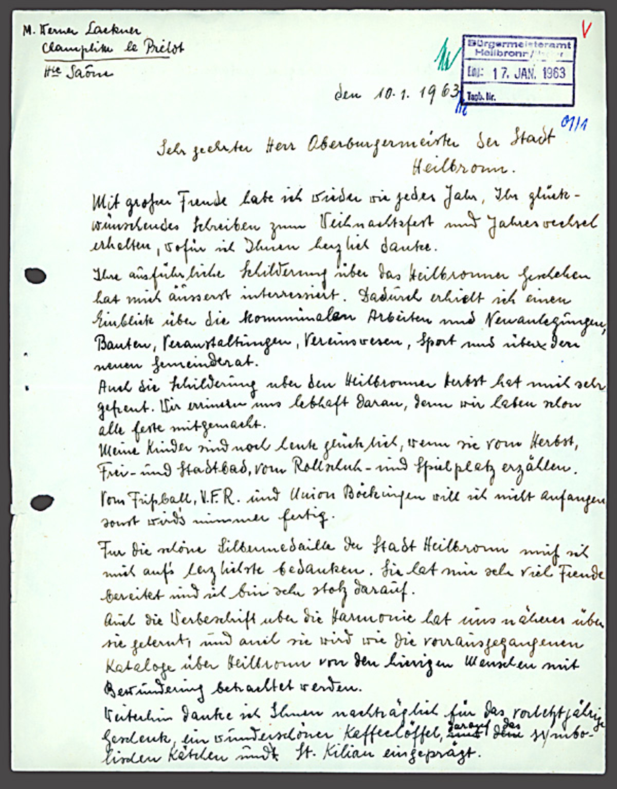 Ein Brief aus Frankreich vom 10. Januar 1963. 
(Stadtarchiv Heilbronn)