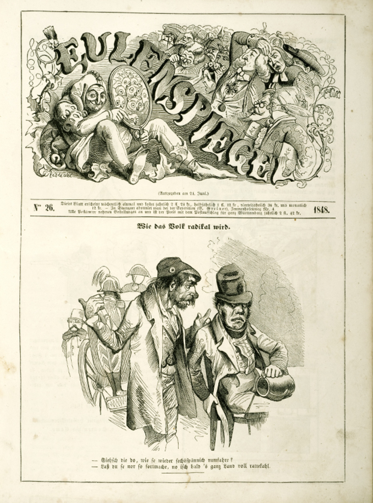 Seite aus dem "Eulenspiegel" von Ludwig Pfau; 1848 (Stadtarchiv Heilbronn) Seite aus dem "Eulenspiegel" von Ludwig Pfau; 1848
(Stadtarchiv Heilbronn)
