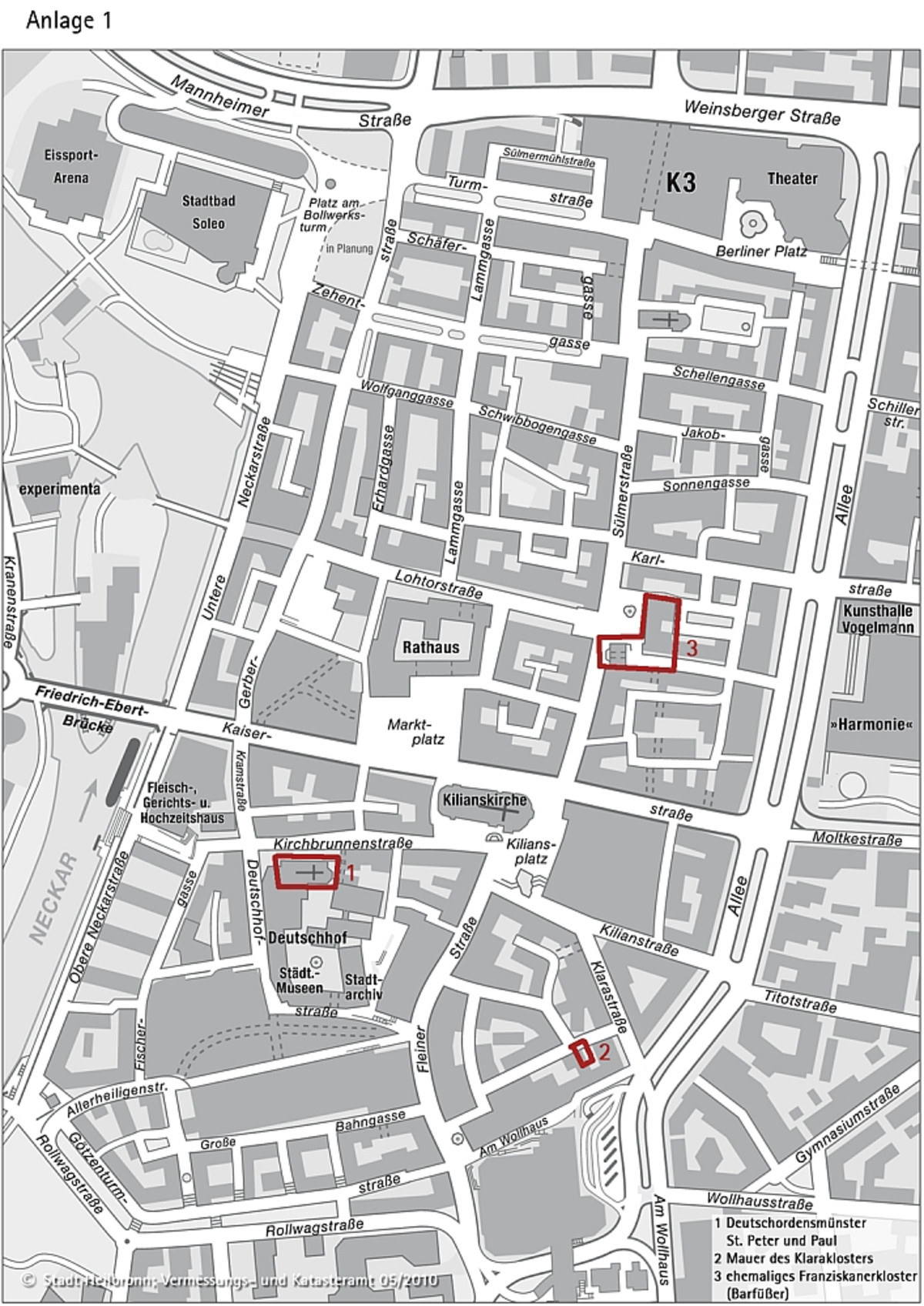 Die Ziffern 1, 2, und 3 bezeichnen die einzelnen Standorte Deutschordensmünster, Klara- und Franziskanerkloster (Stadtarchiv Heilbronn)