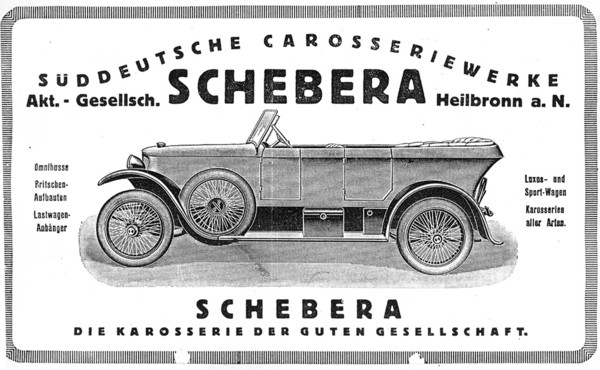 Werbeanzeige der Süddeutschen Carosseriewerke Schebera in Heilbronn; 1921/22
(Stadtarchiv Heilbronn)
