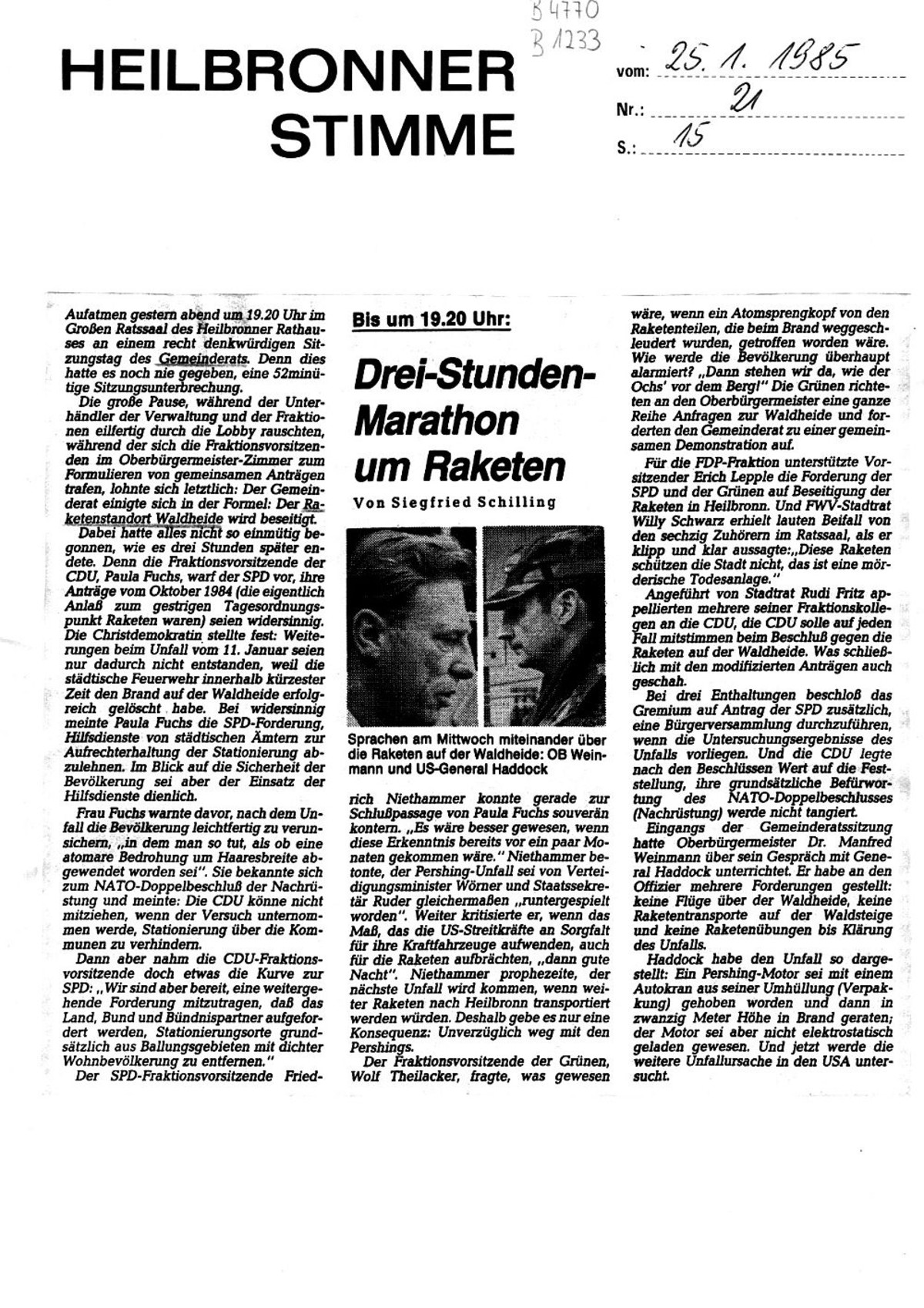 Siegfried Schilling: Drei-Stunden-Marathon um Raketen (Heilbronner Stimme Nr. 21 vom 25. Januar 1985, S. 15)