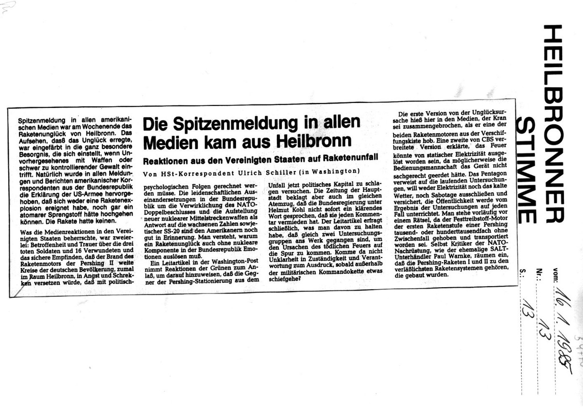 Die Spitzenmeldung in allen Medien kam aus Heilbronn, Heilbronner Stimme vom 16. Januar 1985 (stimme.de)