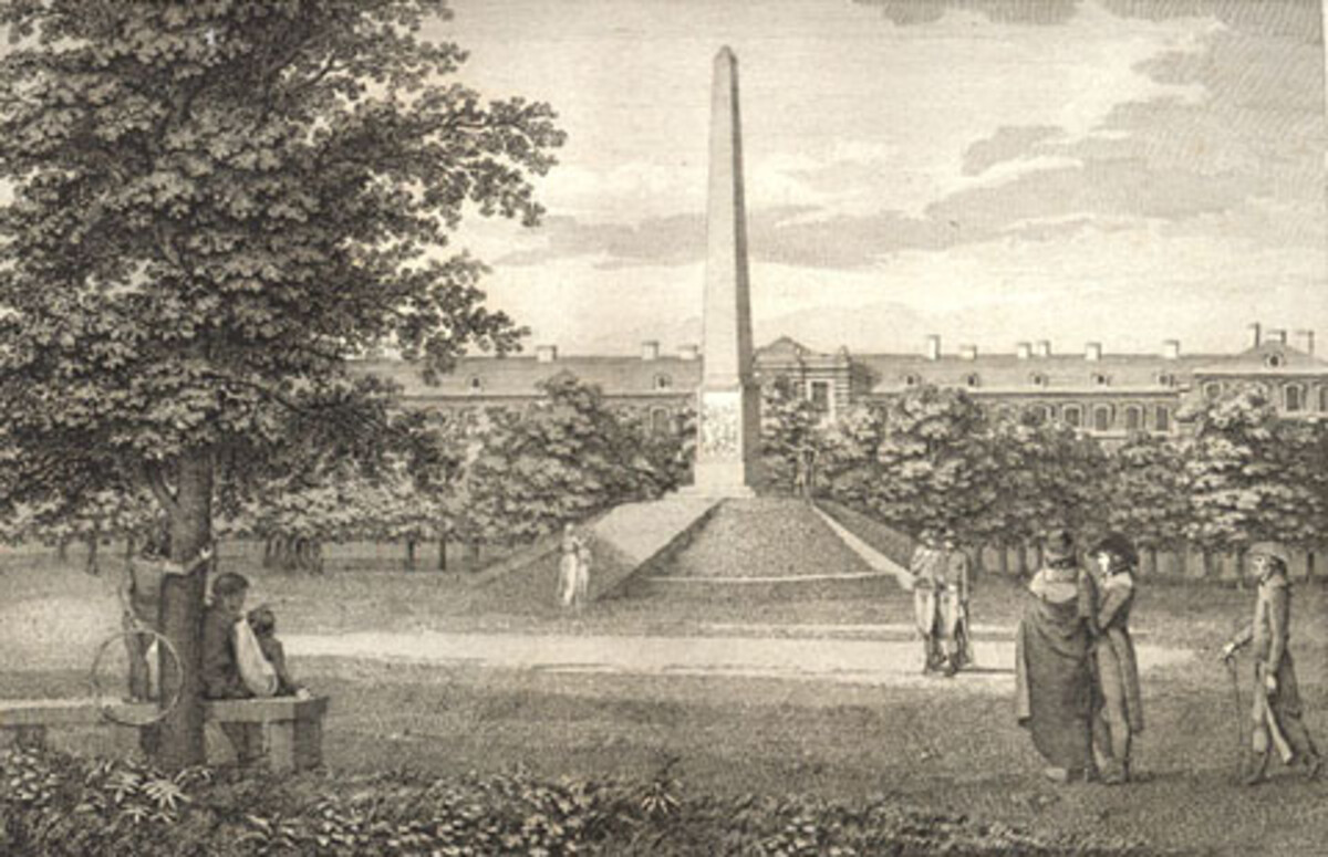 Stuttgart an der Planie mit dem von Scheffauer entworfenen "Denkmal der Gattenzärtlichkeit".
Kupferstich von Jakob Gauermann für Carl Lang in Heilbronn, 1797
(Stadtarchiv Heilbronn)