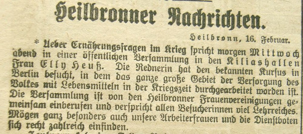 Ankündigung Vortrag von Elly Heuss-Knapp über Ernährungsfragen im Krieg, Neckar-Echo vom 16. Februar 1915 (Stadtarchiv Heilbronn L008-50)