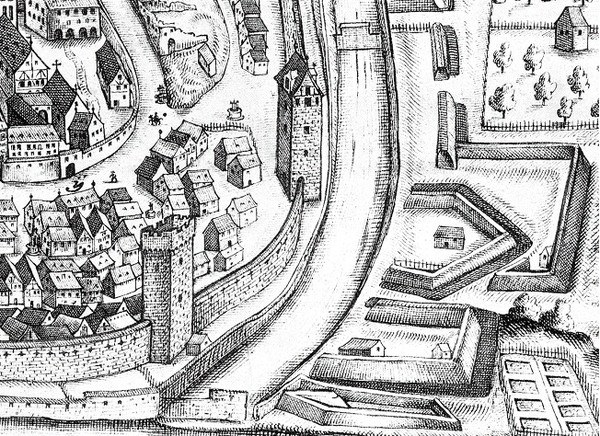 Abbildung des Kohlturms (Butzenturms) und des Götzenturms, Ausschnitt der Stadtansicht von Johann Sigmund Schlehenried von 1658.