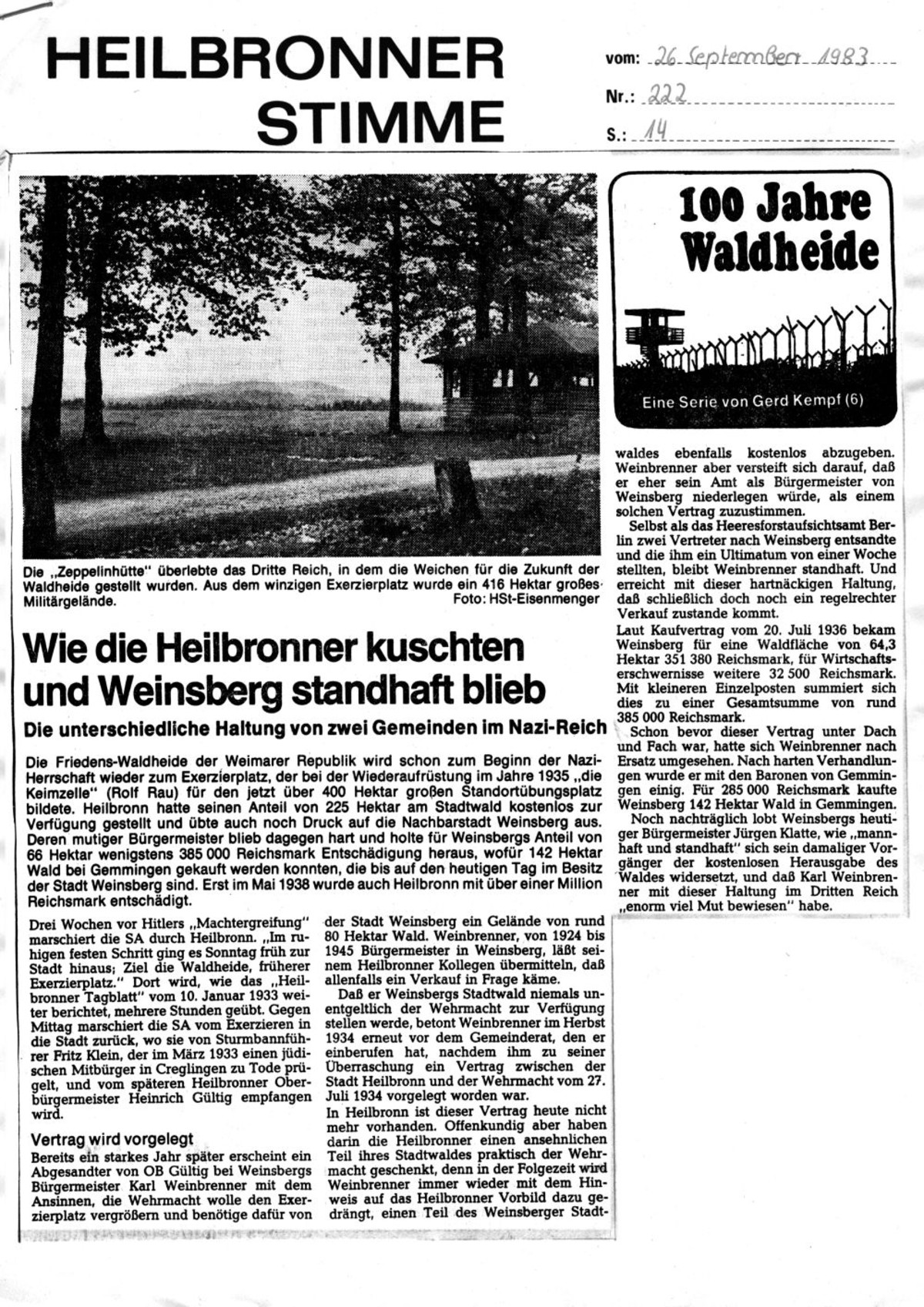 Gerd Kempf: 100 Jahre Waldheide - Serie der Heilbronner Stimme 1983, Teil 6 a (stimme.de) Gerd Kempf: 100 Jahre Waldheide - Serie der Heilbronner Stimme 1983, Teil 6 a (stimme.de)