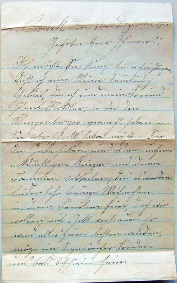 Brief aus Amerika von Ferdinand Betz an Pfarrer Hermann Zeuner in Klingenberg vom 8. Dezember 1915, S. 1 (Stadtarchiv Heilbronn C006A-395)