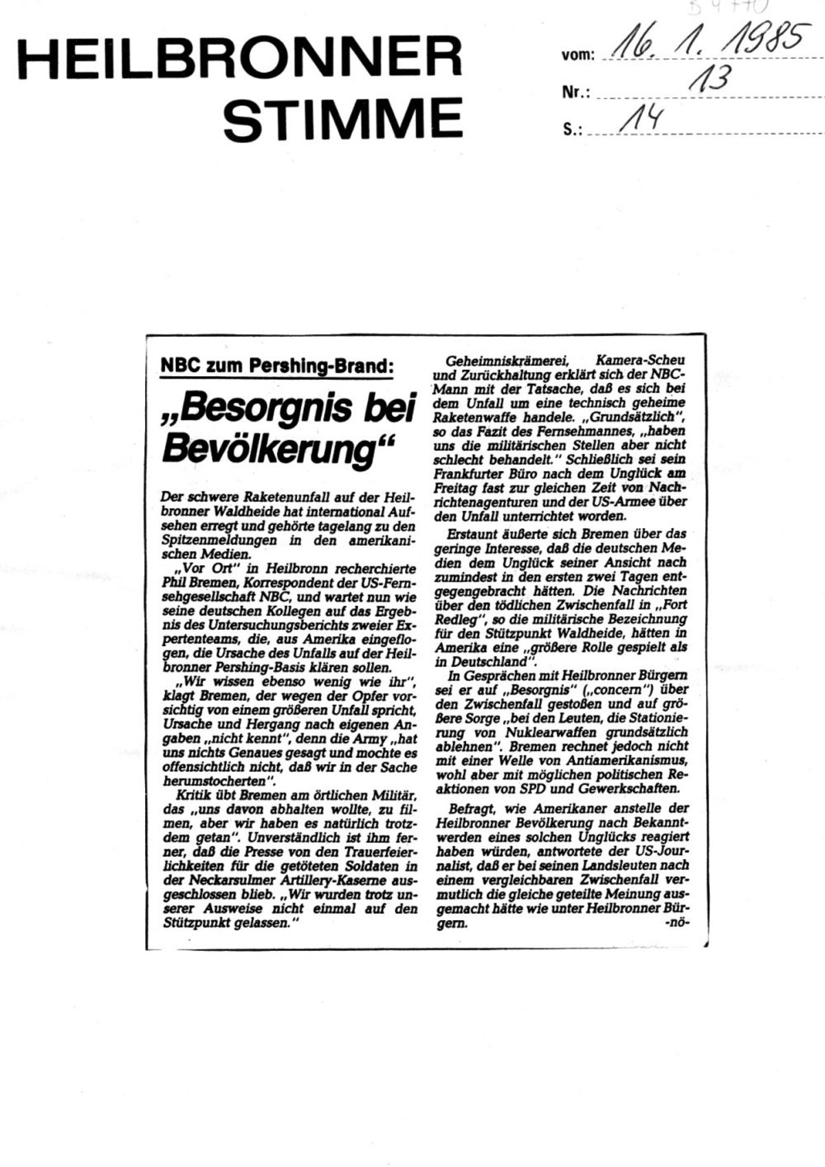 Besorgnis bei Bevölkerung, Heilbronner Stimme vom 16. Januar 1985 (stimme.de)