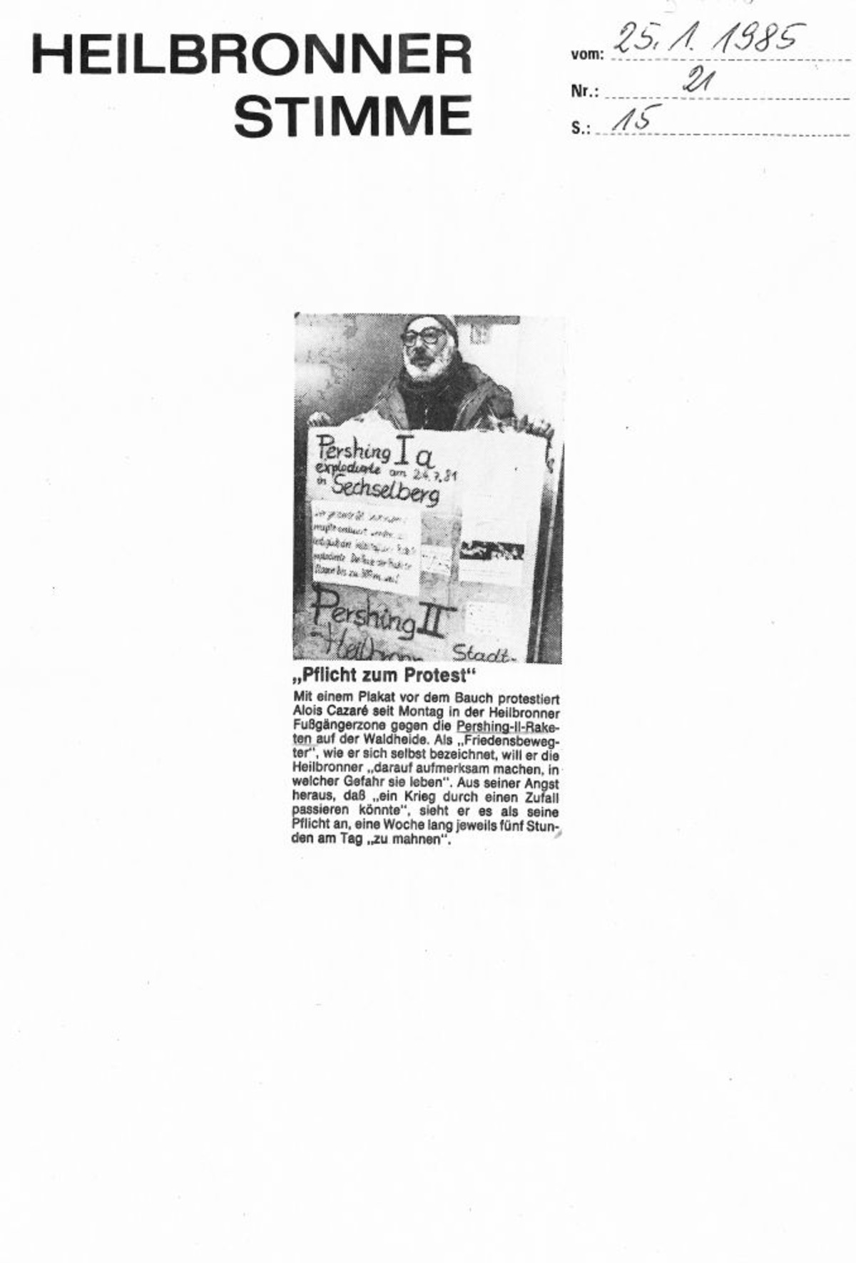 Pflicht zum Protest, Heilbronner Stimme Nr. 21 vom 25. Januar 1985, S. 15