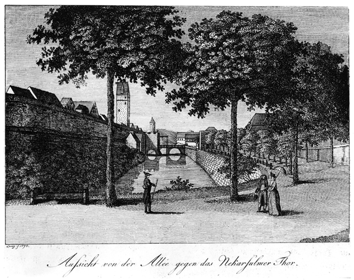 Carl Lang, Aufsicht von der Allee gegen das Neckarsulmer Thor; 1795 (Stadtarchiv Heilbronn) Carl Lang, Aufsicht von der Allee gegen das Neckarsulmer Thor; 1795
(Stadtarchiv Heilbronn)