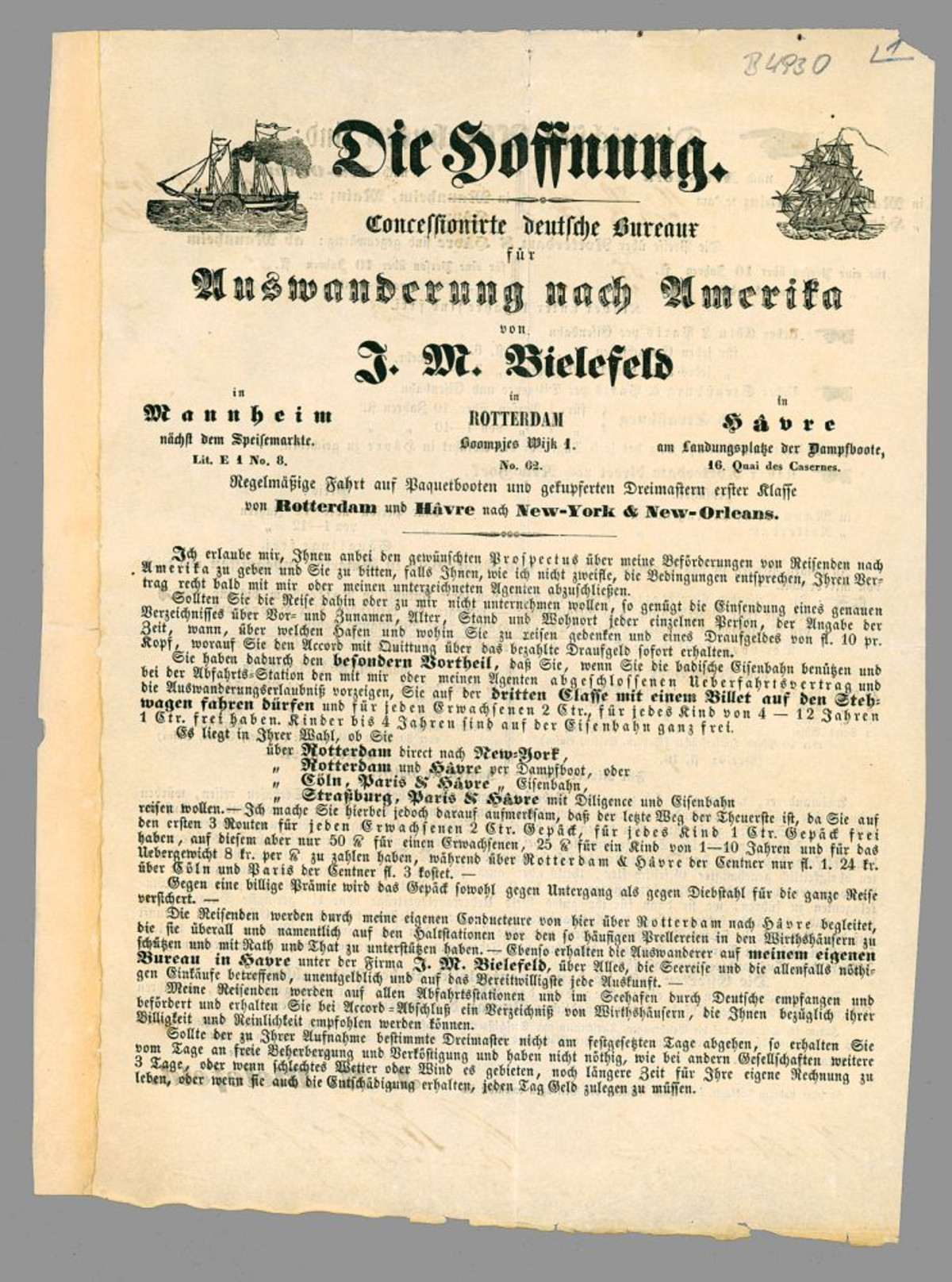 Werbeprospekt für Auswanderer von 1850, Seite 1 Werbeprospekt für Auswanderer von 1850, unterzeichnet mit "Heilbronn, C. Kober, Generalagent", Seite 1 (Stadtarchiv Heilbronn E002-137)