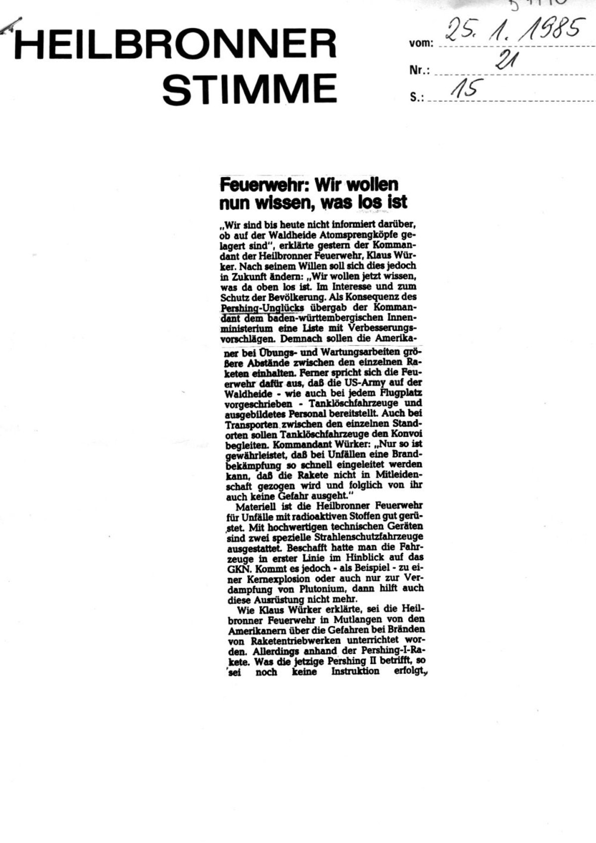 Feuerwehr: Wir wollen nur wissen, was los ist (Heilbronner Stimme Nr. 21 vom 25. Januar 1985, S. 15)