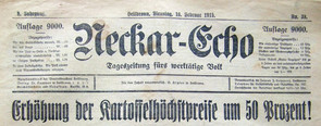 Titelseite Neckar-Echo vom 16. Februar 1915: Erhöhung der Kartoffelpreise um 50 Prozent (Stadtarchiv Heilbronn L008-50)
