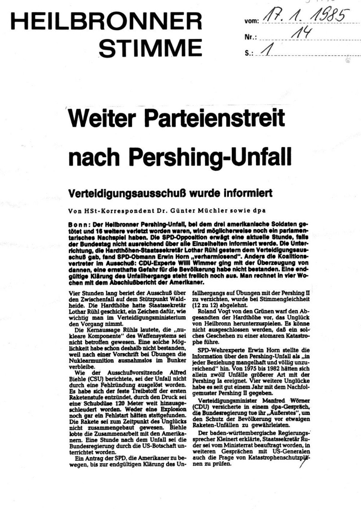 Weiter Parteienstreit nach Pershing-Unfall, Heilbronner Stimme vom 17. Januar 1985 (stimme.de)