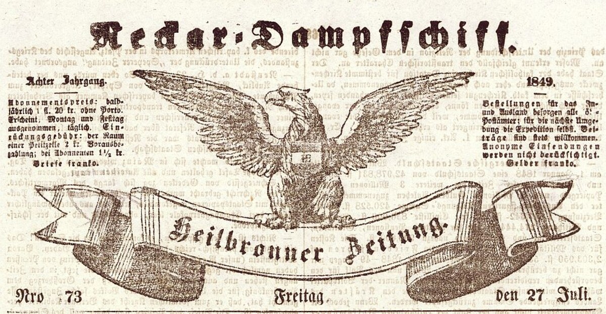 Kopf Neckar-Dampfschiff Nr. 73 vom 27. Juli 1849 (Stadtarchiv Heilbronn) Kopf Neckar-Dampfschiff Nr. 73 vom 27. Juli 1849 (Stadtarchiv Heilbronn)